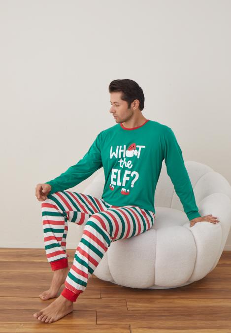 Pijama barbati Craciun "WHAT the ELF?" , maneca lunga ,pantaloni lungi,Culoare Verde ,Engros